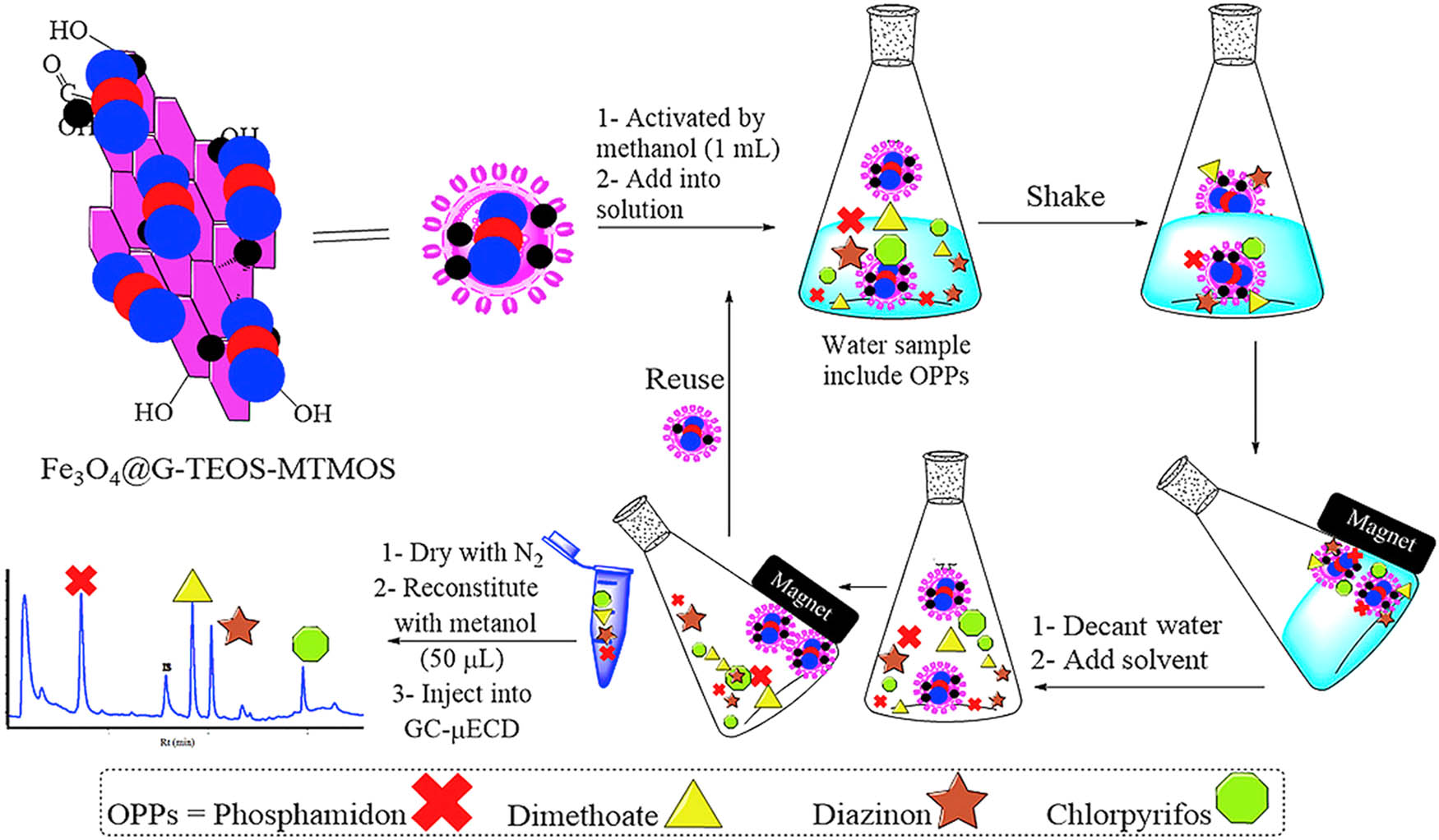 Figure 3 
                  Pretreatment and detection of OPPs with Fe3O4@G-TEOS-MTMOS [45].
               