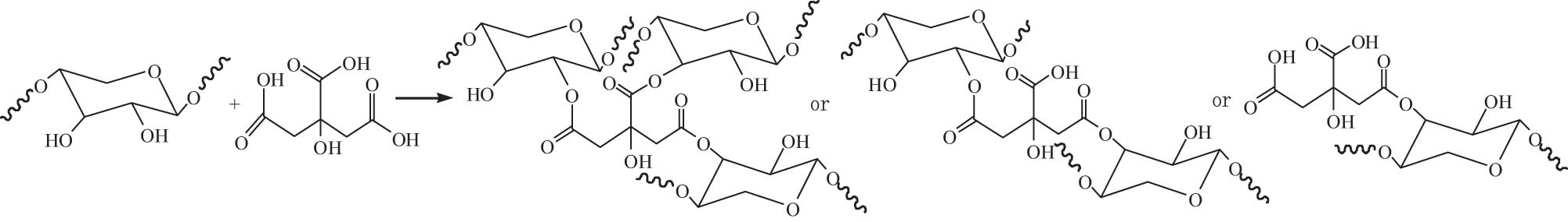 Scheme 12 
                  Possible cross-linking reaction between citric acid and hemicellulose.
               