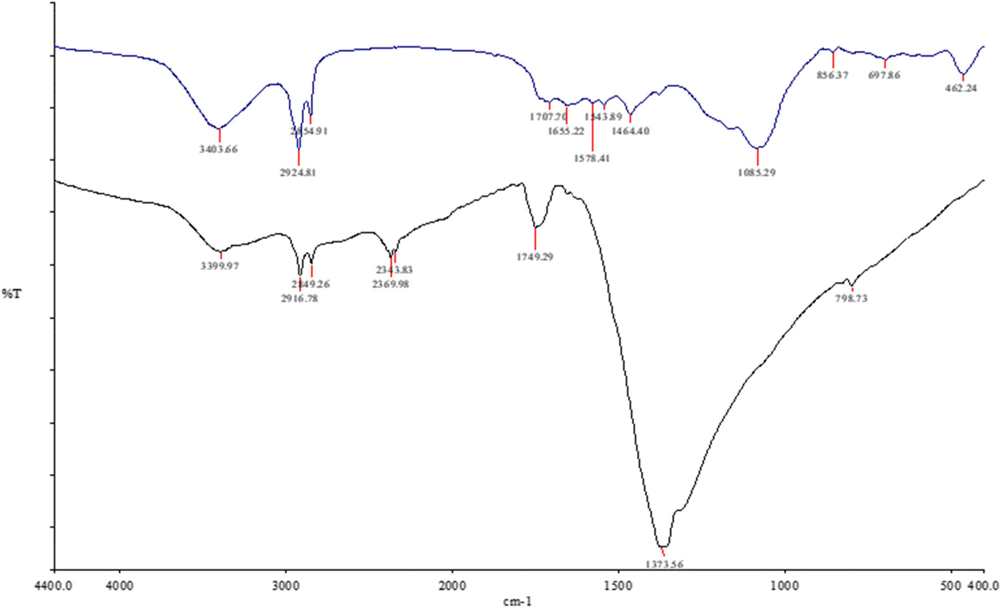Figure 1 
                  IR spectra of C. ligustica extract (blue color) and C. ligustica AgNPs (black color).
               