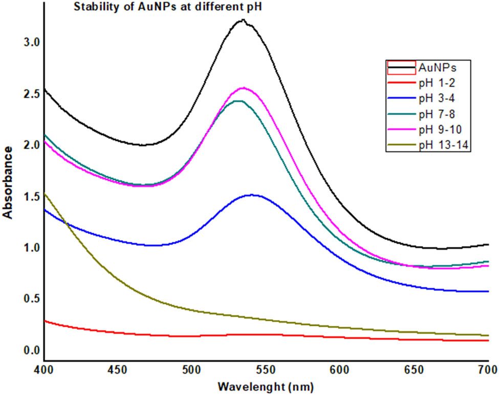 Figure 4 
                  UV data showing the stability of PP-AuNPs (pomegranate peel extract-based gold nanoparticles) at different pH values.
               