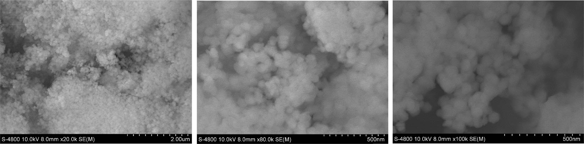 Figure A2 
               SEM images of CuCo-ZIFs at different magnification ratios: (a) 20,000×, (b) 80,000×, and (c) 100,000×.
            