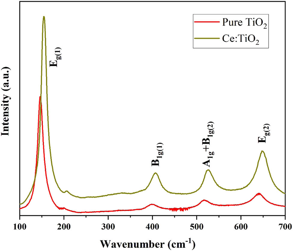 Figure 2 
                  Raman analysis of pure and Ce-doped TiO2.
               