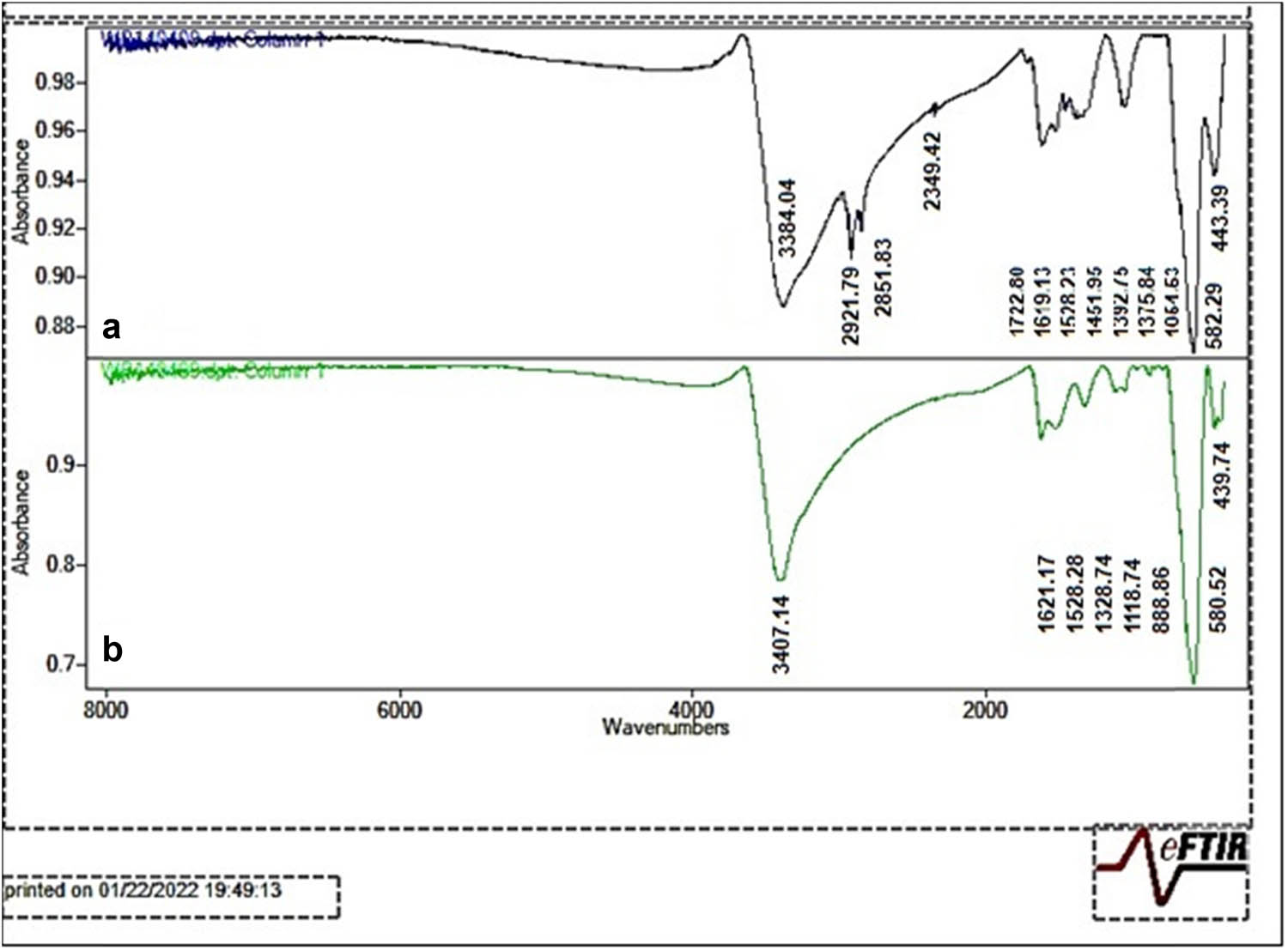 Figure 6 
                     FTIR analysis of (a) green-synthesized IONPs and (b) standard IONPs.
                  