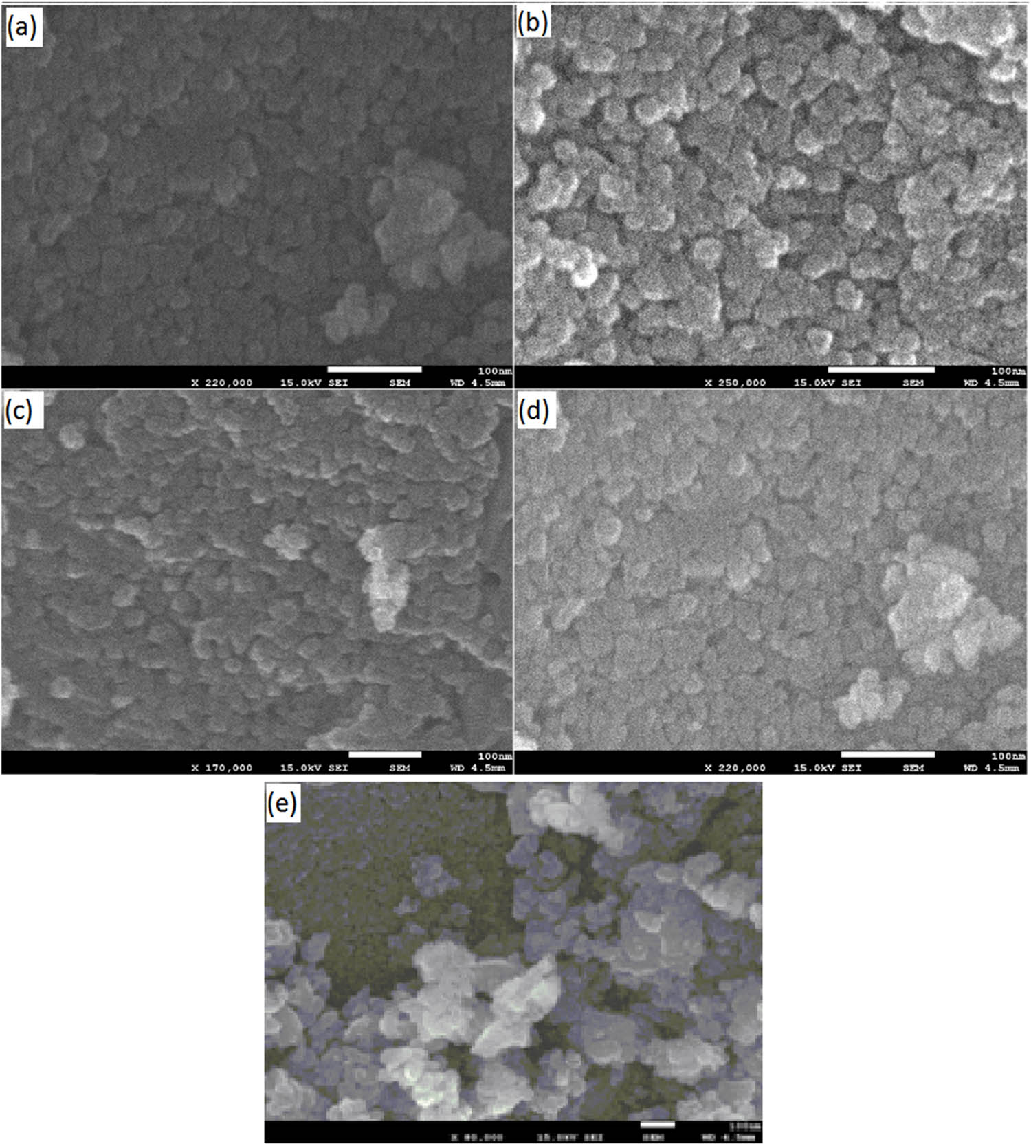 Figure 2 
                  SEM images of (a) undoped IONPs, (b) 1% Mn-doped IONPs, (c) 3% Mn-doped IONPs, (d) 5% Mn-doped IONPs, and (e) 7% Mn-doped IONPs.
               