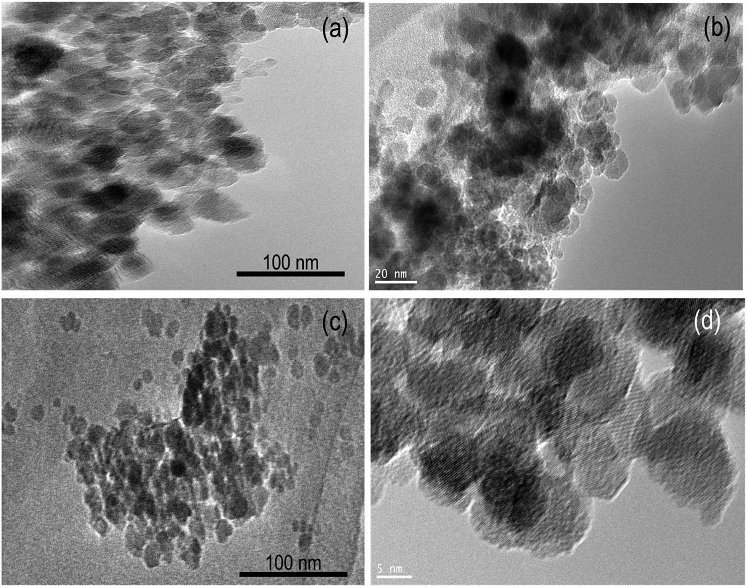 Figure 3 
                  TEM images of (a and b) Fe3O4@SiO2 and (c and d) Fe3O4 in different magnifications.
               