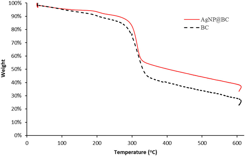 Figure 7 
                  Thermal stability of pristine BC and AgNP10@BC by TGA analysis.
               