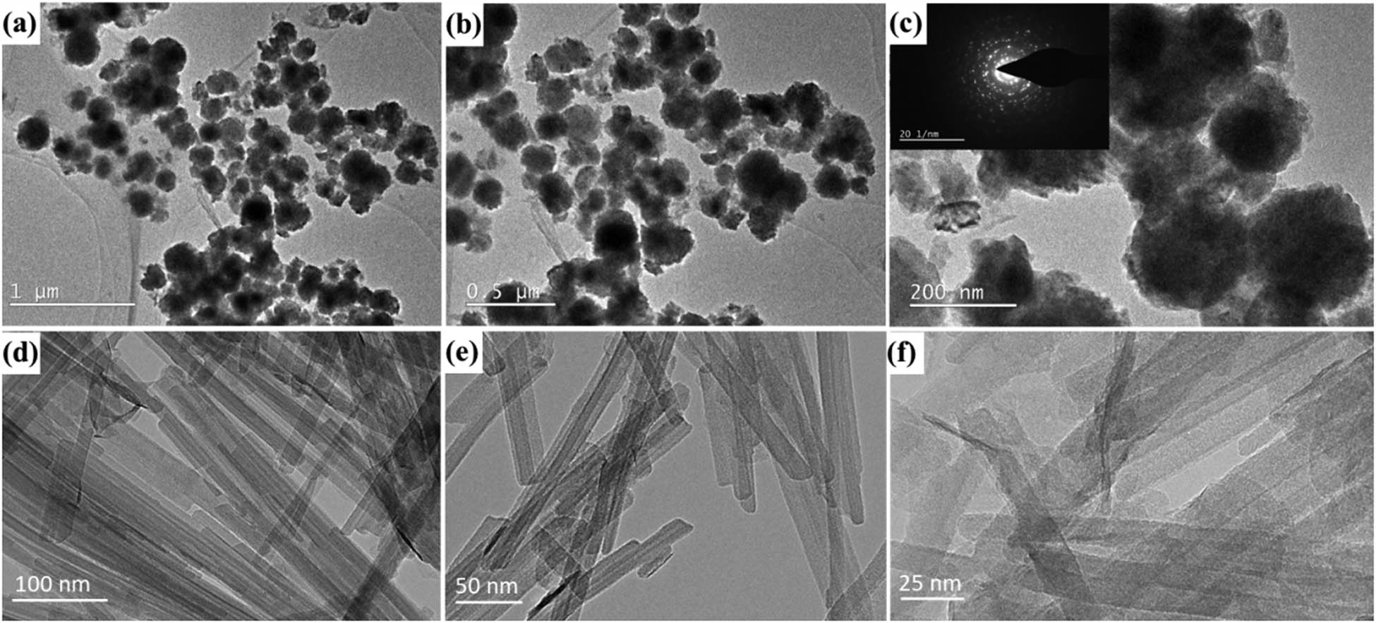Figure 2 
                  HRTEM images of ZnO (a–c) and APT (d–f). The insert in (c) is selected electron diffraction pattern of ZnO nanostructure.
               