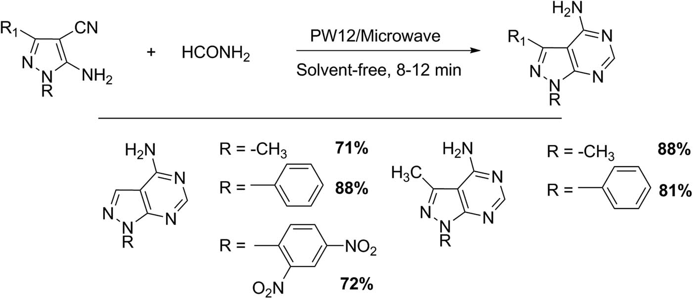 Scheme 11 
               Synthesis of 4-amino-pyrazolo[3,4-d] pyrimidines.
            