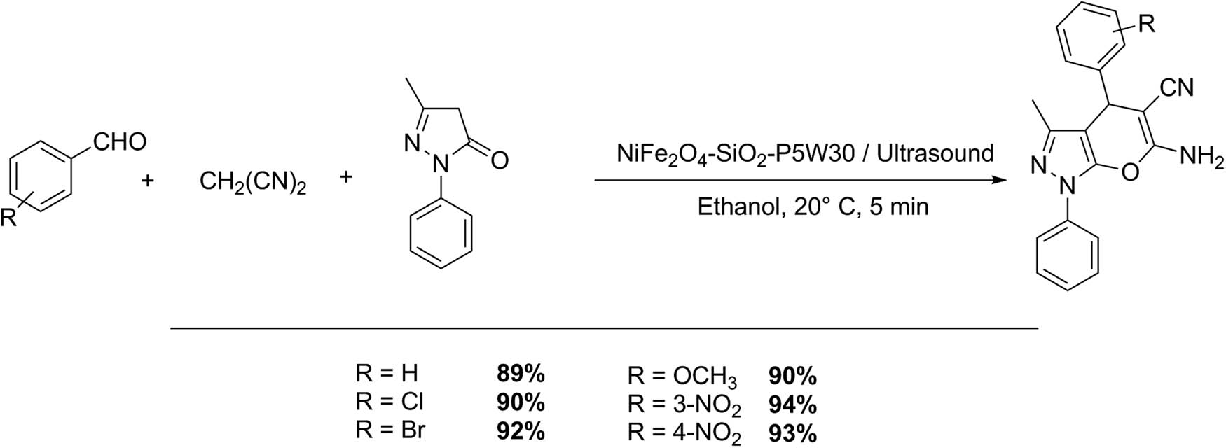 Scheme 46 
               Ultrasound assisted one pot three component synthesis of pyrano[2,3-c]pyrazoles.
            