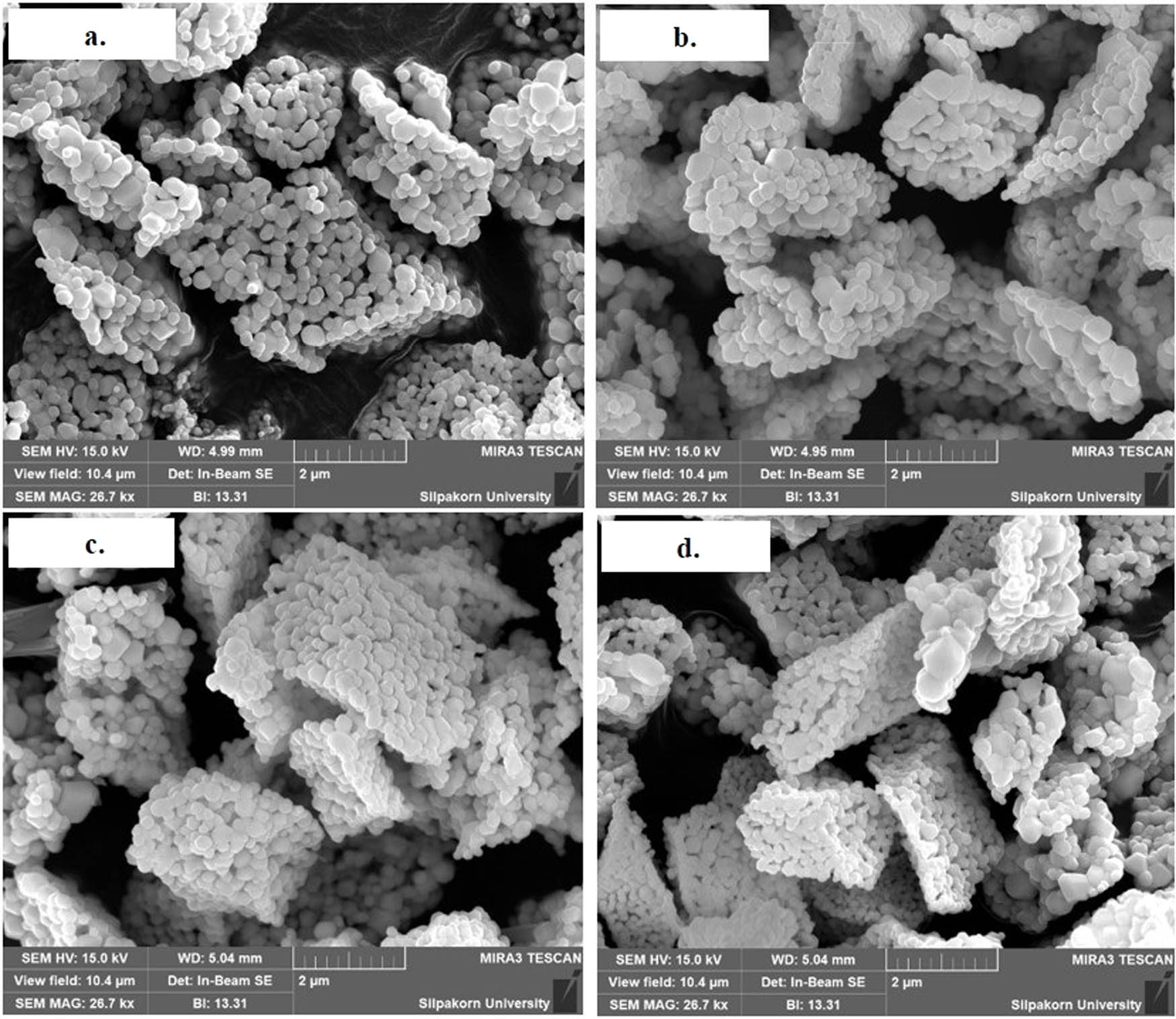 Figure 5 
                  SEM micrograph (26,700× magnification) of CeO2 synthesized using different stirring rates: (a) 200 rpm, (b) 400 rpm, (c) 600 rpm, and (d) 800 rpm at 3% oxalic concentration.
               