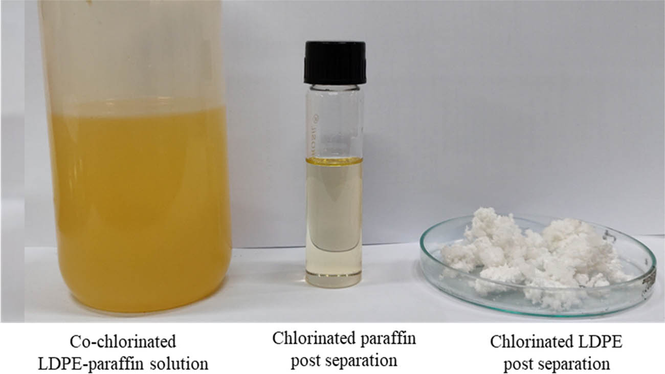Figure 10 
                     Photograph of co-chlorinated LDPE-paraffin solution, chlorinated paraffin and chlorinated LDPE post separation using methanol (post 18 h, 130°C, chlorine flow rate 350 mL·min−1, 10% LDPE concentration, and 400 rpm).
                  