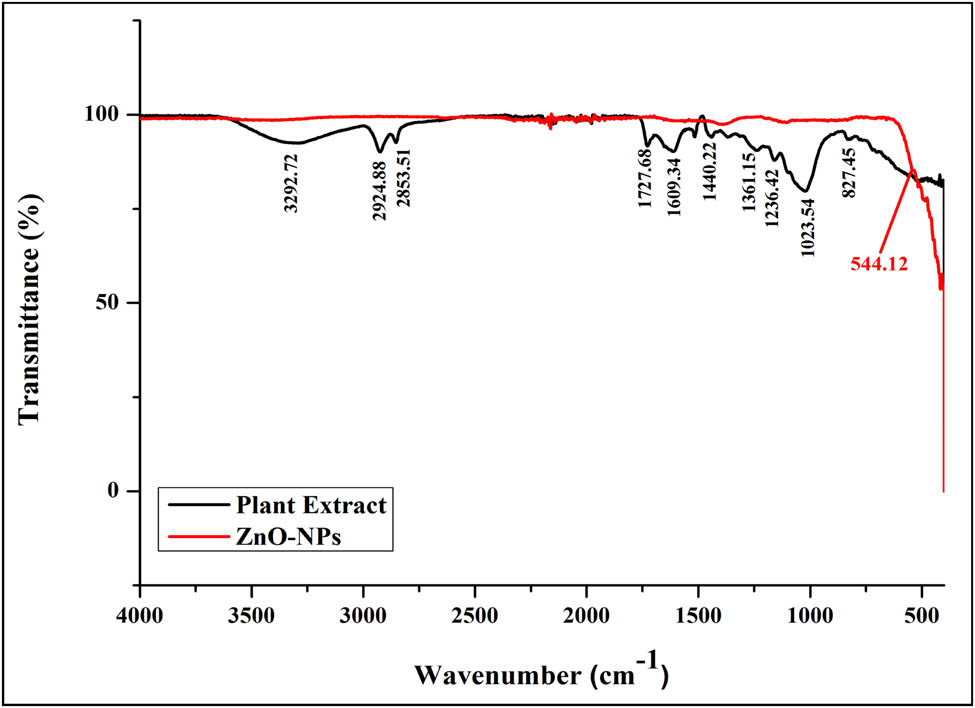 Figure 3 
                  FT-IR spectrum of phyto-fabricated ZnO NPs from S. acuta.
               