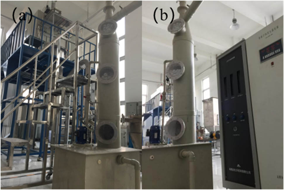 Figure 2 
               Picture of off-gas treatment unit connected with (a) RF and (b) DC plasma reactor.
            