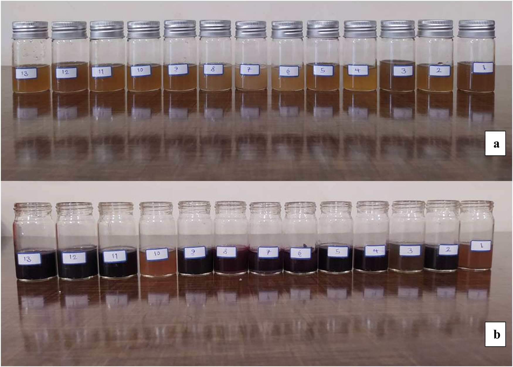 Figure 7 
                  Appearance and color of the mixture solution before (a) and after (b) formation of the Au NPs via UV radiation.
               