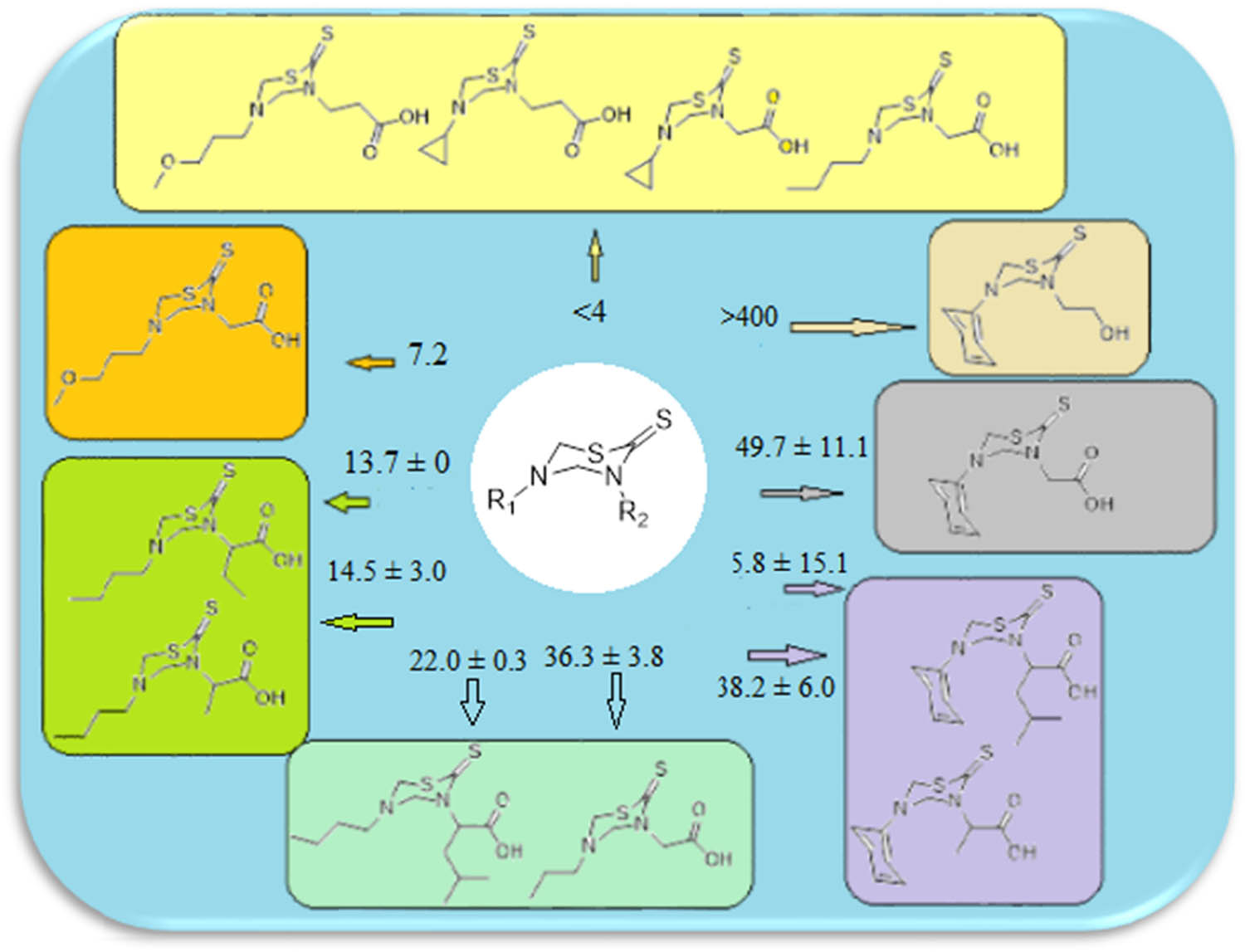 Figure 1 
                  Structural diversity and IC50 – a schematic SAR.
               