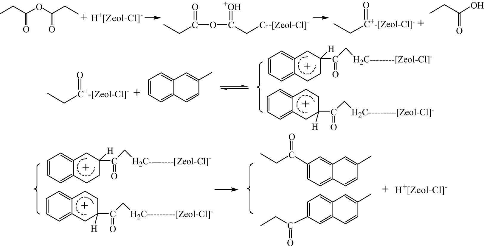 Figure 13 
                  Mechanism of 2-MN propionyl catalyzed by zeolite molecular sieve.
               