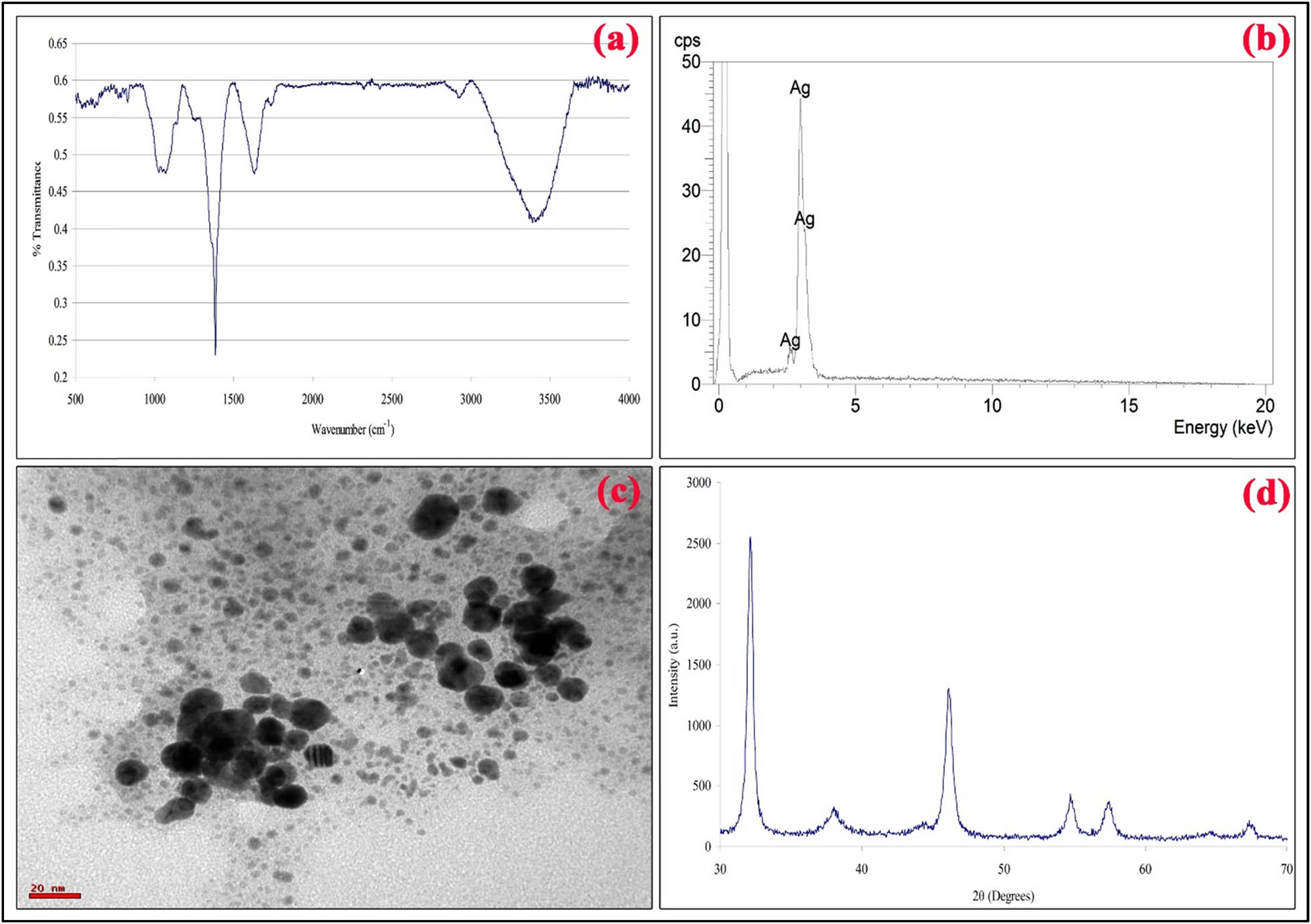 Figure 3 
                  (a) FTIR absorption spectrum obtained from AgNPs by the reduction with AgNO3 ions using the C. alata leaf extract. (b) XRD pattern of synthesized AgNPs using the C. alata leaf extract. (c) TEM images illustrating the formation of AgNPs (20 nm), synthesized using the C. alata leaf extract. (d) EDS spectrum of AgNPs with 1 mM AgNO3.
               