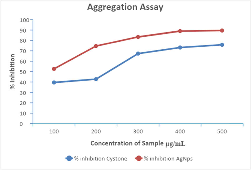 Figure 11 
                     AgNPs aggregation after treatment with T. wallichiana extract at different concentrations.
                  