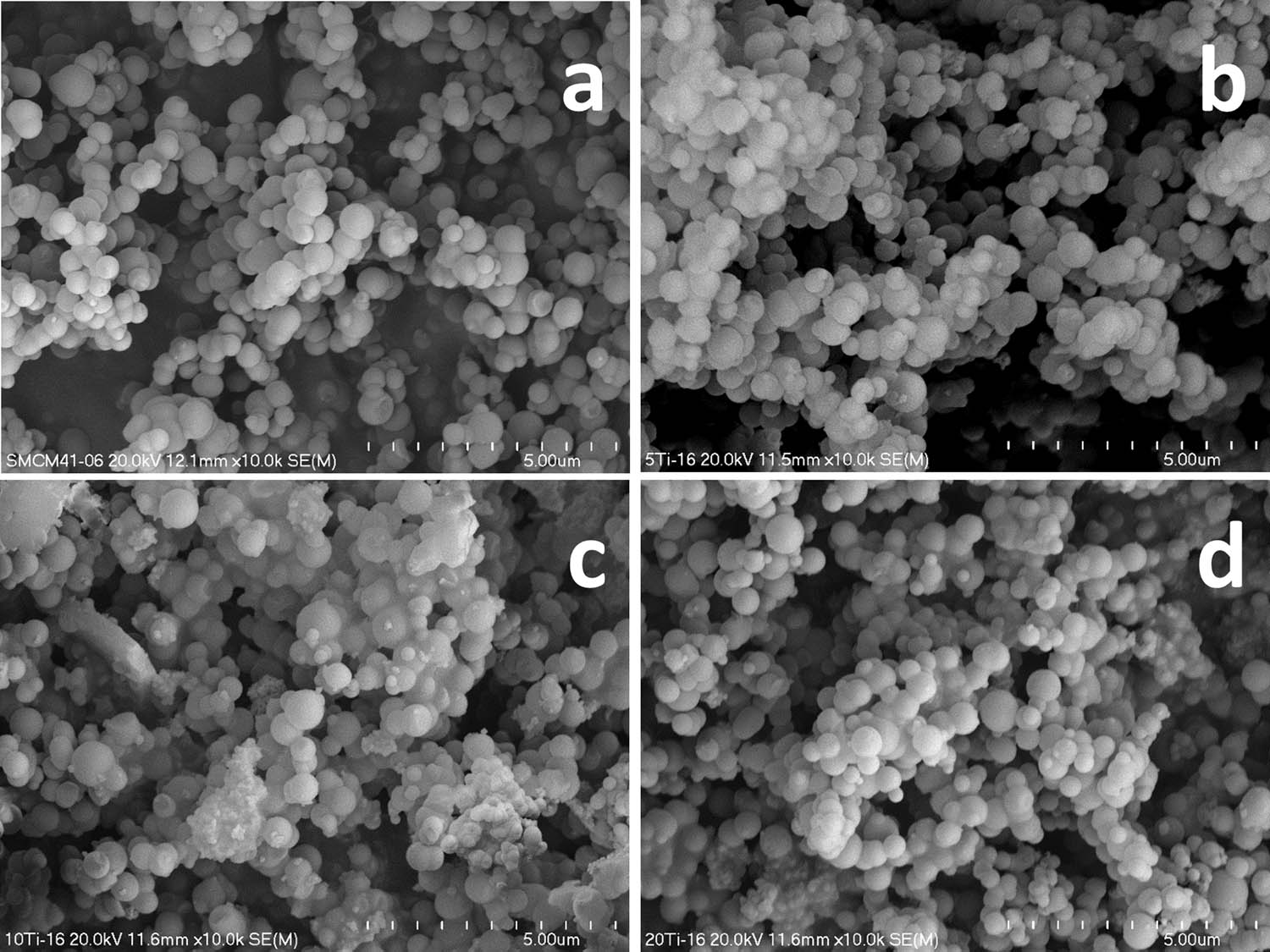 Figure 1 
               SEM micrographs of S-MCM-41 (a), 3Ti (b), 8Ti (c), and 12Ti (d).
            