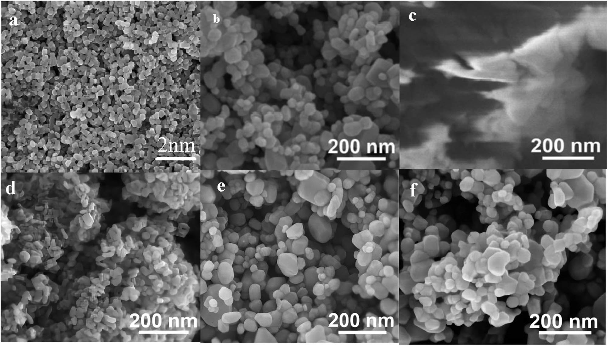Figure 2 
                  FESEM images of (a,b) ZnO, (c) g-C3N4, (d) ZnO-g-C3N4 3%, (e) ZnO-g-C3N4 10%, and (f) ZnO-g-C3N4 20% nanoparticles.