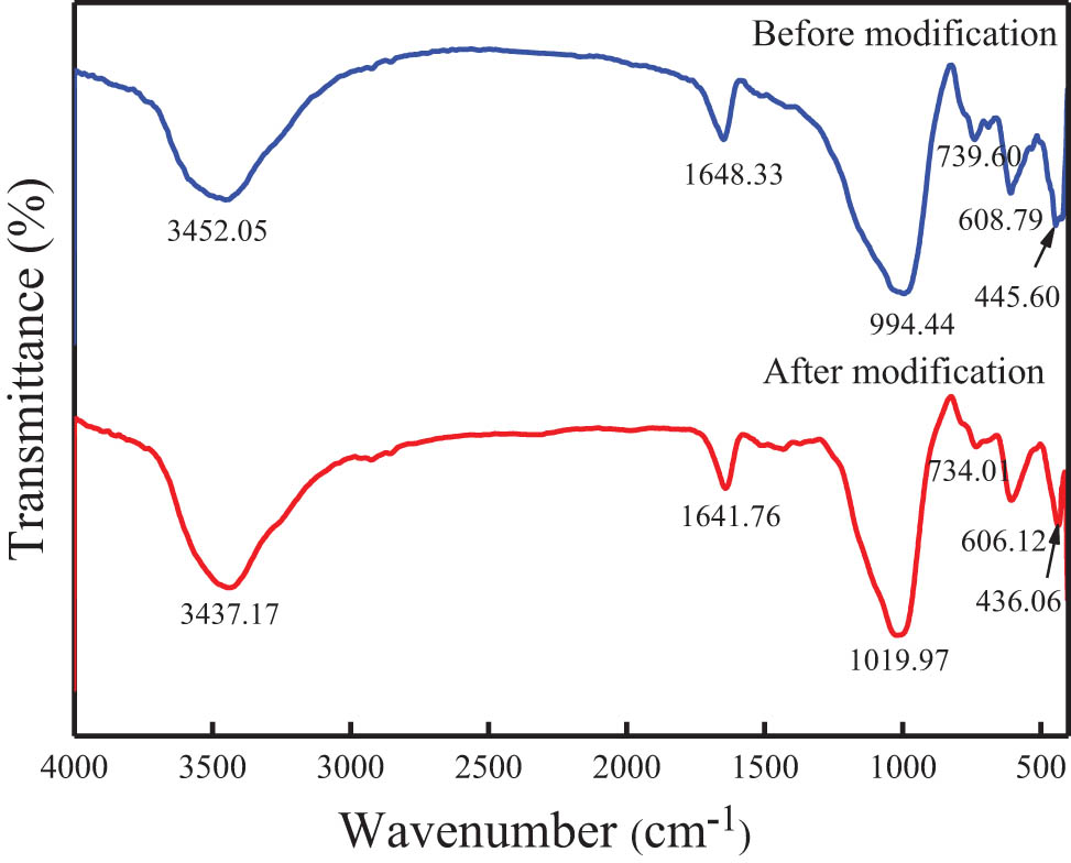 Figure 3 
                     FTIR characterization of the synthetic zeolite before and after modification.
                  