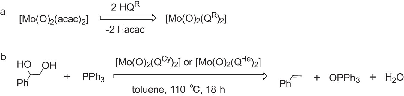 Scheme 2 
                  (a) Synthesis of MoVI(O)2(QR)2 and (b) MoVI(O)2(QR)2-catalyzed DODH reaction of styrene glycol into styrene. Adapted with permission from ref. [86].
               