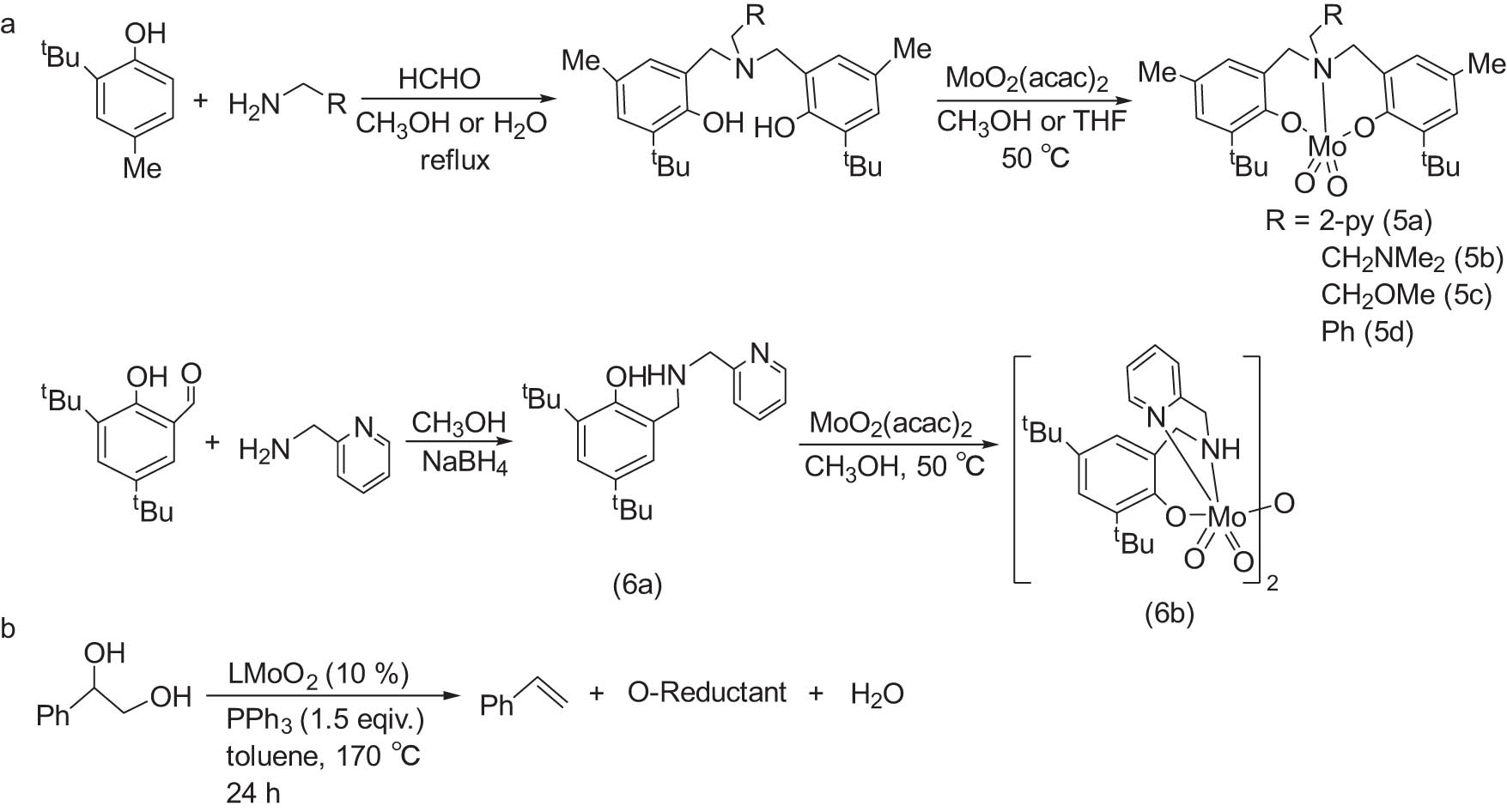 Scheme 8 
                  (a) Synthesis process of Mo bisphenolate complexes and (b) Mo-catalyzed DODH of styrene glycol. Adapted with permission from ref. [98].
               