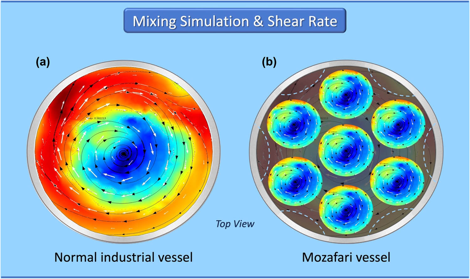 Figure 3 
               Mixing simulation and shear rate illustration in (a) normal tank used in pharmaceutical and similar industries; (b) Mozafari vessel. The special design of the Mozafari vessel and the presence of six baffles in the tank are the reasons for the enhanced efficacy of this design in the green manufacture of homogenous and reproducible drug carriers with narrow size distributions.
            