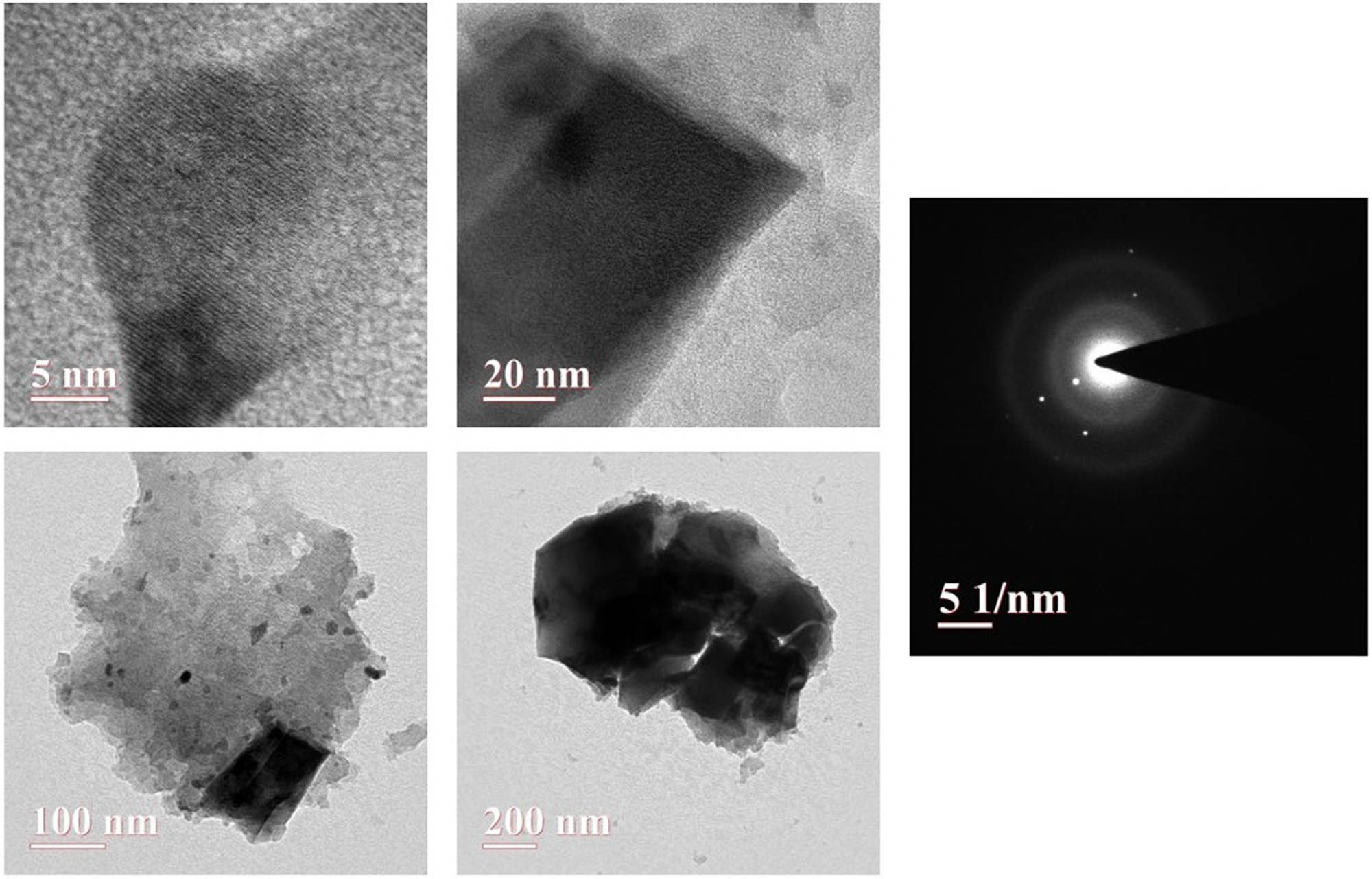 Figure 4 
                  TEM analysis of the synthesized GO/Mn/Ch/FA-Brucine NCs. The TEM images revealed that the fabricated GO/Mn/Ch/FA-Brucine NCs exhibited cuboidal morphologies with an average diameter of 63 nm. The validation of the crystallization of the GO/Mn/Ch/FA-Brucine NCs was confirmed through the examination of the SAED patterns.
               