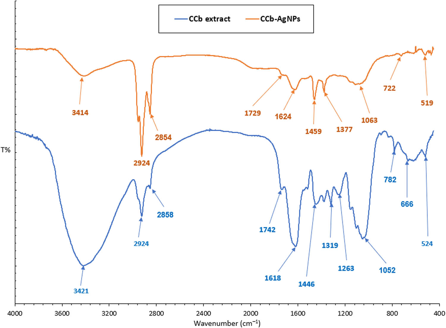 Figure 5 
                     Comparative FT-IR spectra of the CCb extract and corresponding CCb-Ag-NPs.
                  