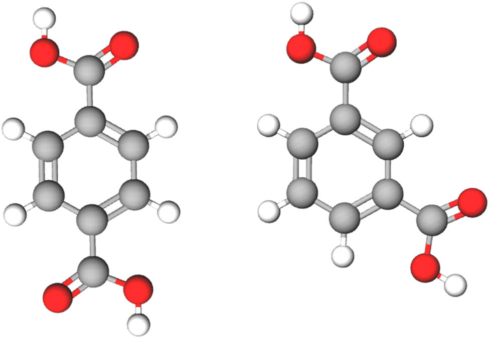 Figure 1 
               Molecular structure of TA (left) and IA (right), carbon (grey spheres), hydrogen (white spheres), oxygen (red spheres).
            