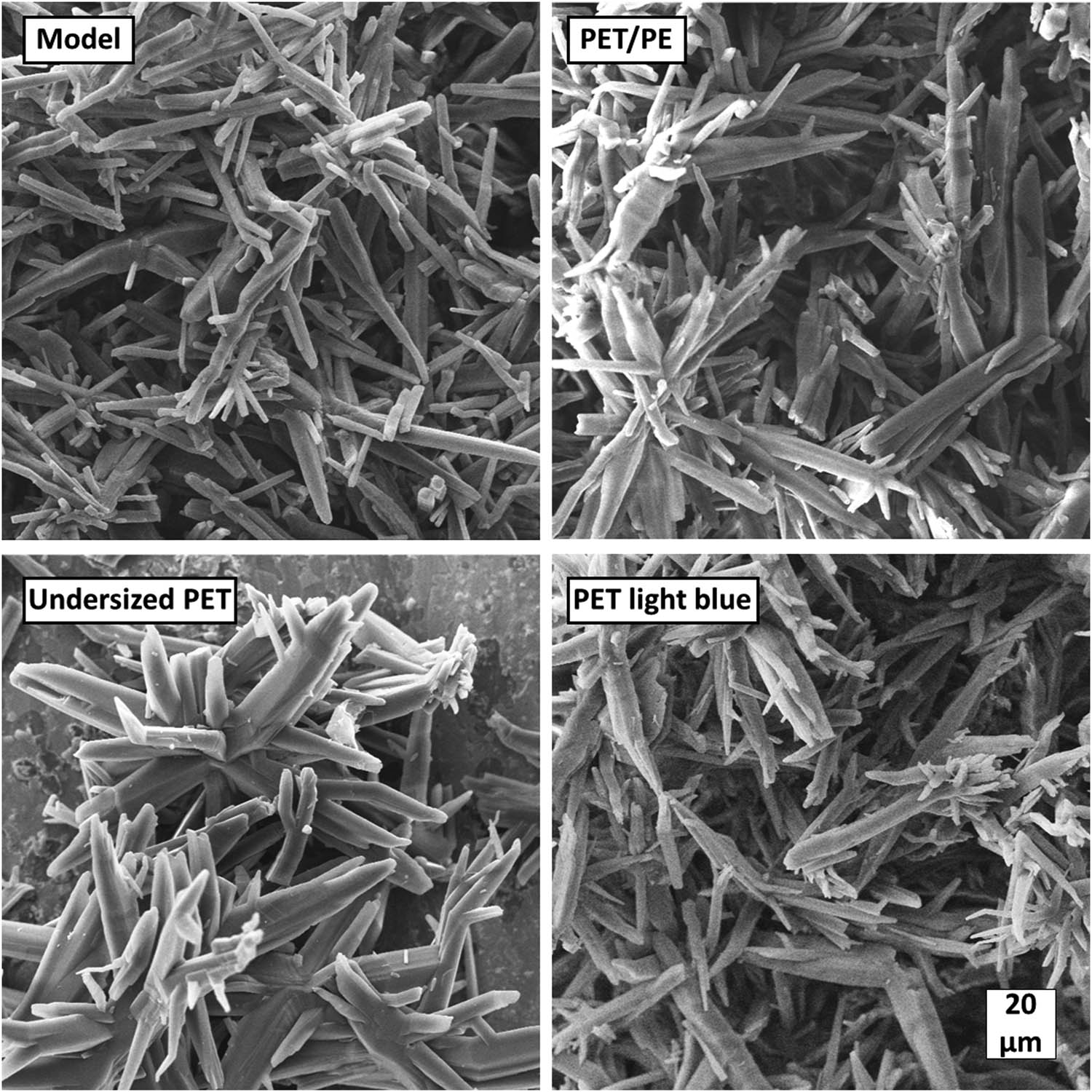 Figure 6 
                  SEM images of TA precipitated by acetic acid at 60°C for different reactants, all images are displayed at same magnification.
               