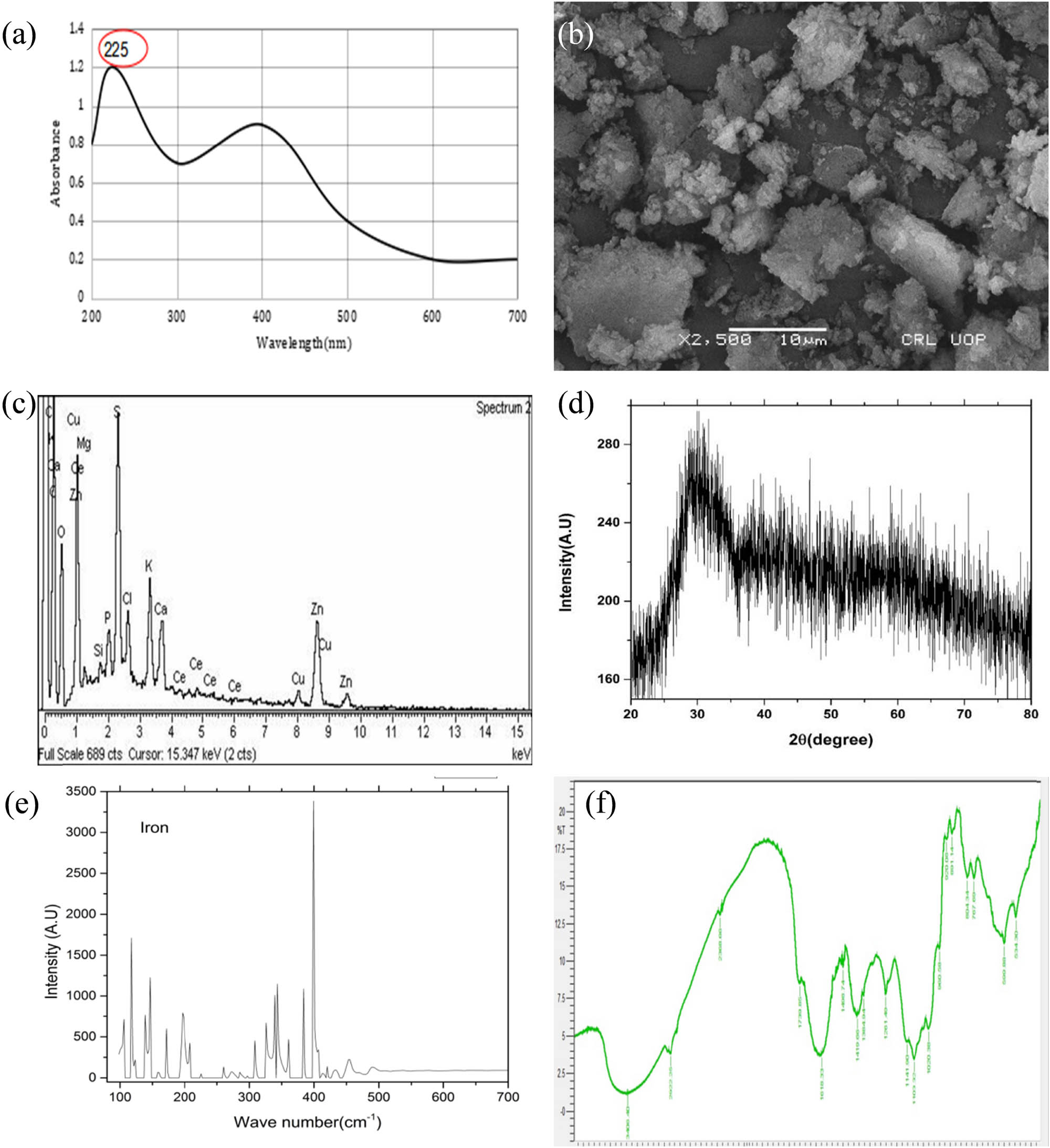 Figure 2 
                  (a) UV–Vis spectrum of plant-based synthesized Fe-NPs; (b) SEM spectrum of phyto-synthesized Fe-NPs; (c) EDX analysis for Mentha arvensis mediated Fe-NPs; (d) XRD spectrum of green-synthesized Fe-NPs; (e) intensity peaks for Mentha arvensis mediated Fe-NPs; (f) FTIR spectrum of plant-based synthesized Fe-NPs.
               