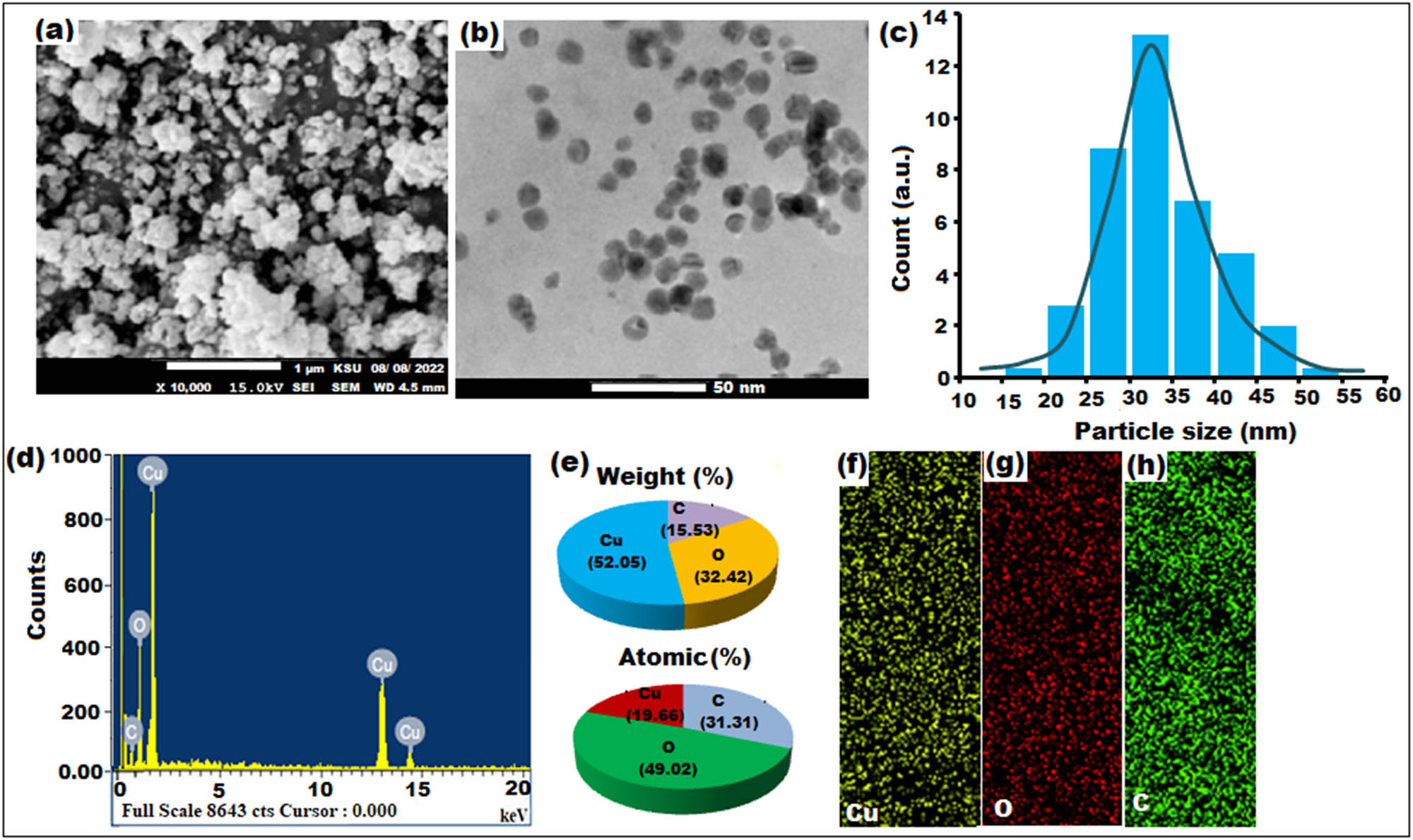 Figure 4 
                  (a) SEM image, (b) TEM image, (c) particle size distribution histogram, (d) and (e) EDX spectrum, and (f)–(h) elemental mapping of biosynthesized RM-CuONPs from the RM extract.
               