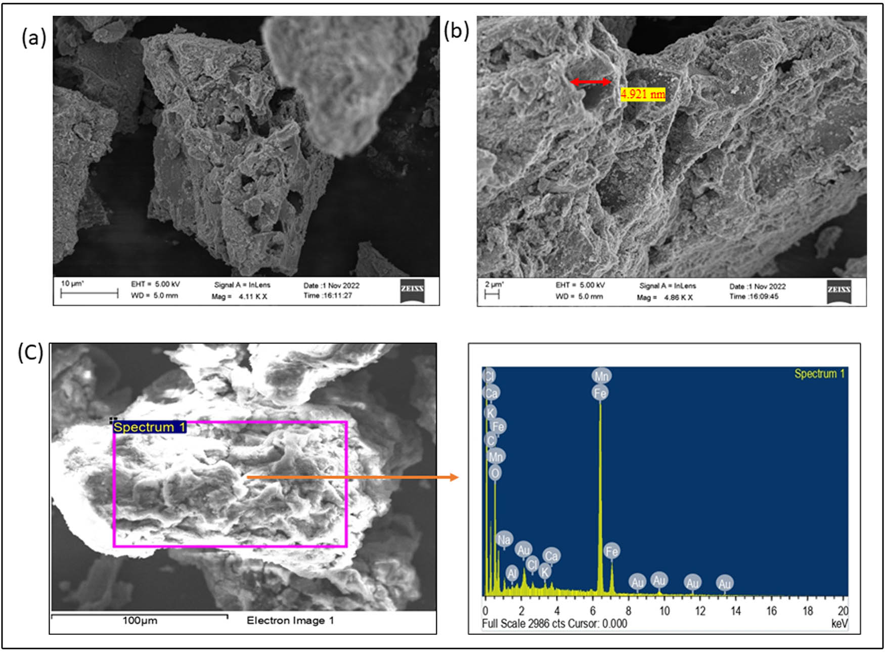 Figure 2 
                  Micrographs of TMBC: (a) overview of TMBC under a scanning electron microscope, (b) higher resolution pore structure of TMBC, and (c) EDS analysis of TMBC.
               