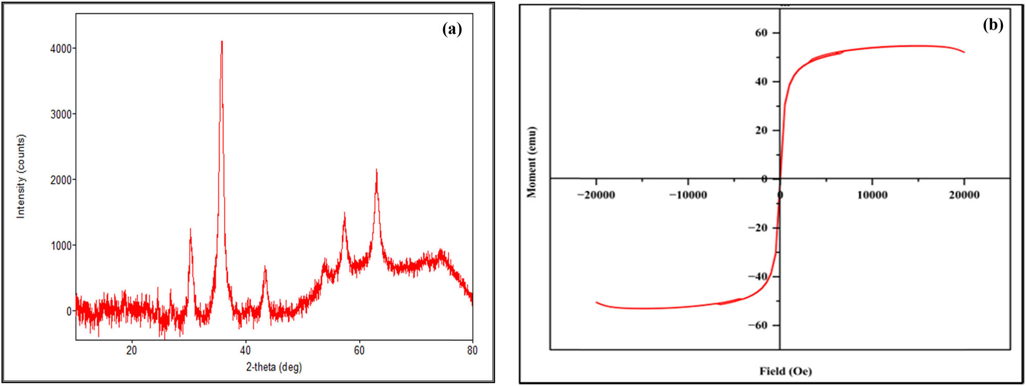 Figure 4 
                  (a) XRD spectrum of TMBC and (b) magnetic saturation curve of TMBC.
               