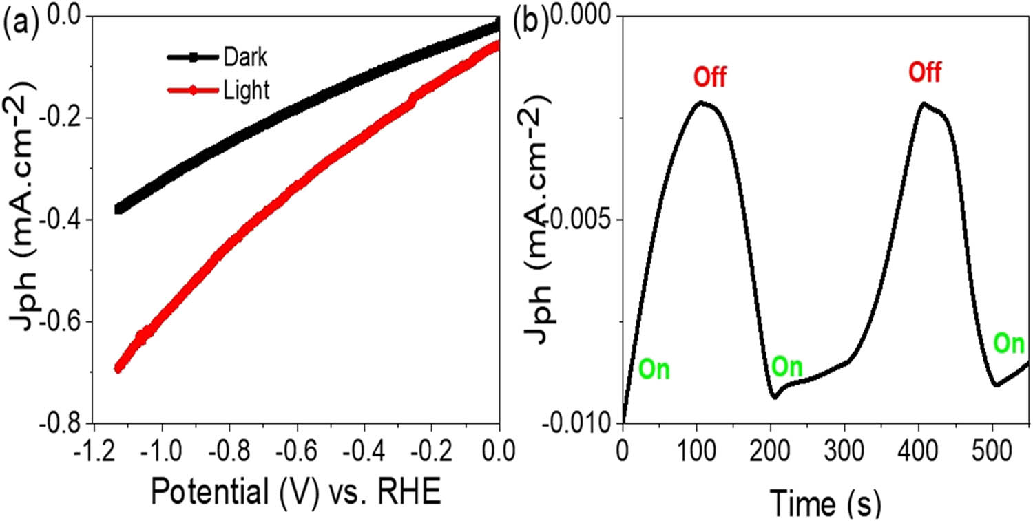 Figure 5 
                  Response of the fabricated MoO3–MoS3/PA2MB photocathode under (a) white light and (b) chopped white light.
               