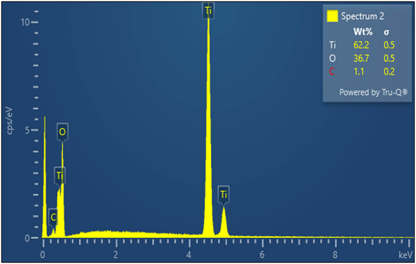 Figure 6 
                  EDX analysis for TiO2 NPs.
               