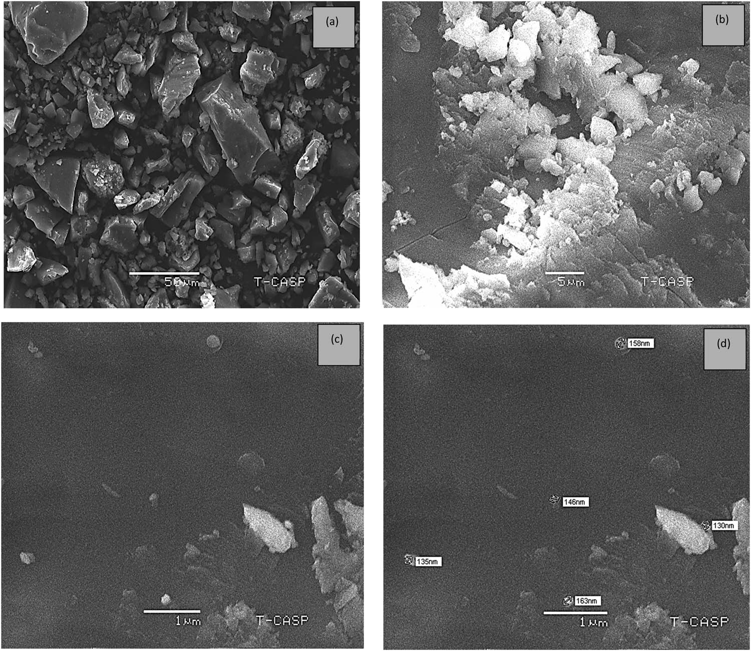 Figure 8
SEM micrographs of Al-NPs resolved at different magnifications (a) at 50 µm, (b) at 5 µm, and (c) and (d) at 1 µm.