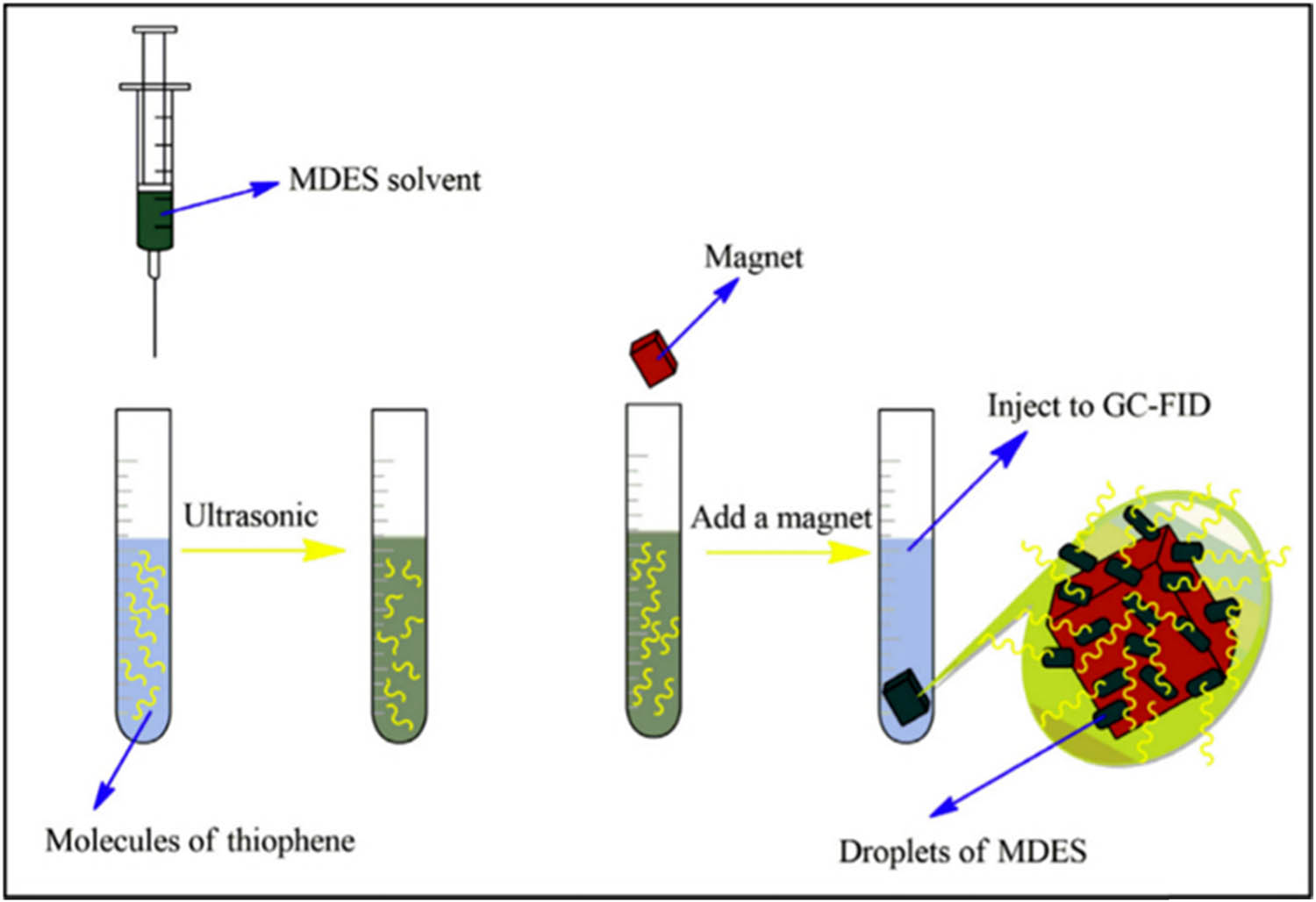 Figure 4 
                     Ultrasonic-assisted liquid–liquid extraction schematic diagram of magnetic deep eutectic solvents (Magnetic DES) for T (Thiophene) [75].
                  