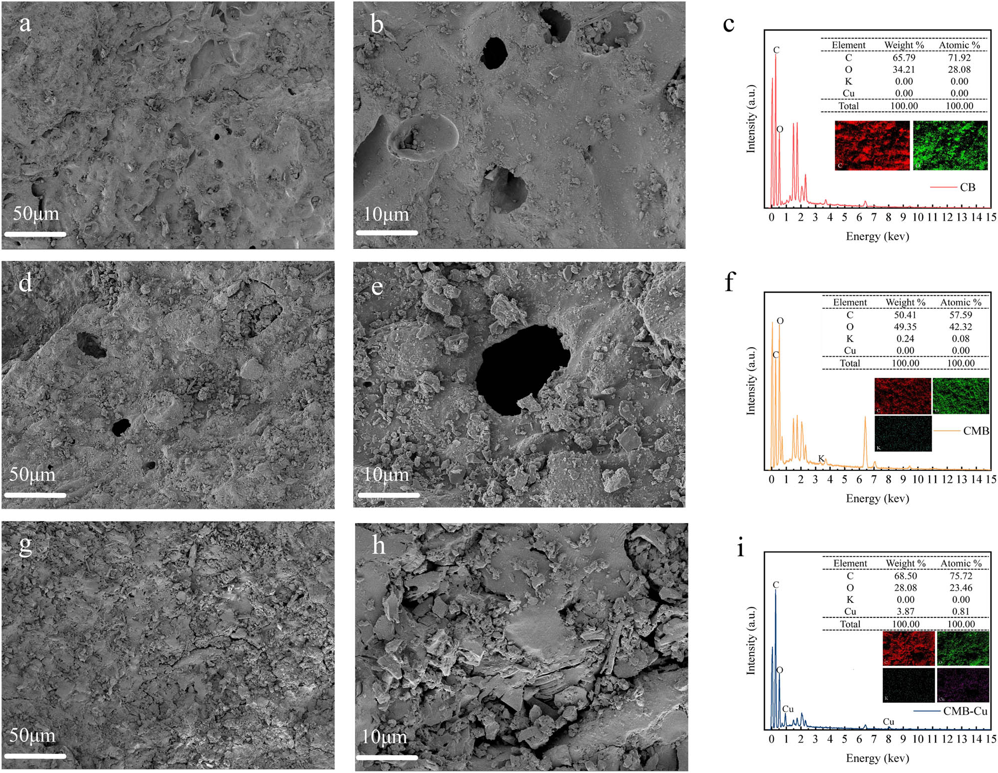 Figure 7
SEM images and EDS elemental mapping of CB, CMB, and CMB-Cu. (a) and (b) SEM images of CB, (c) EDS mapping of CB, (d) and (e) SEM images of CMB, (f) EDS mapping of CMB, (g) and (h) SEM images of CMB-Cu, and (i) EDS mapping of CMB-Cu.