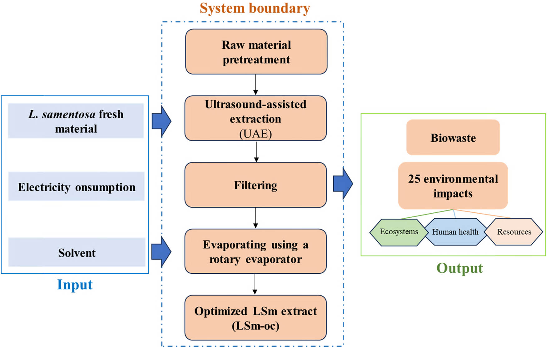 Figure 1 
                  A schematic framework of anti-inflammatory ingredients extracted from L. sarmentosa using an ultrasound-assisted method (per function unit of 1 g initial raw material).