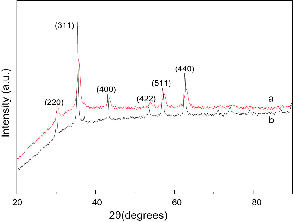 Figure 1
XRD patterns of Fe3O4: (a) polyol process and (b) co-precipitation process.