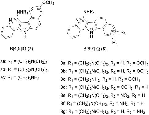 Figure 13 Structure of 13H-benzo[4,5]- and 13H-benzo[6,7]indolo[3,2-c]quinoline derivatives.