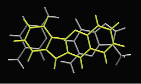 Figure 3 Indolo[3,2-b]quinoline (yellow) superimposed on a GC Watson-Crick base pair (gray).
