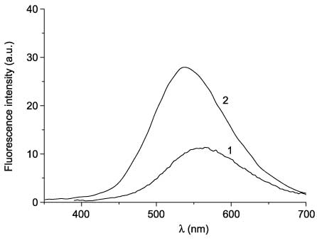Figure 18 Fluorescence spectra of open forms of 53 (line 1) and 54 (line 2).