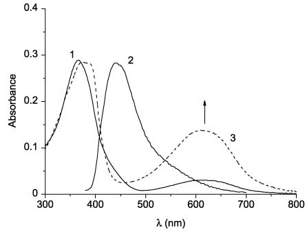 Figure 7 Absorption (line 1) and fluorescence spectra (line 2) of the open form and absorption spectrum of the cyclic form (line 3) of 1.