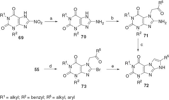 Scheme 21 Reagents: (a) NH2NH2, Pd/C, CH3OH, (b) α-halogeno-ketone, K2CO3, DMF, (c) CH3COOH, (d) α-Br-acetoketone, K2CO3, DMF, (e) NH3, EtOH.