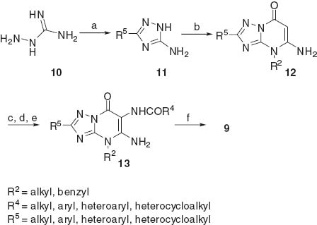 Scheme 3 Reagents: (a) R5COOH, (b) alkyl cyanoacetate, (c) NaNO2, H+, (d) Na2S2O4, NH3 aq., (e) R4COOH, (F) NaOH.