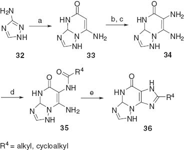 Scheme 9 Reagents: (a) ethyl cyanoacetate, (b) isoamyl nitrite, (c) Na2S2O4, NH3 aq., (d) R4COCl, (e) NaOH, Ca(OH)2.